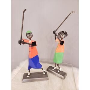 LOT 2 SIGNED Felguerez Golfer Metal Sculptures Figure Mexico‎ MCM Decor Vintage